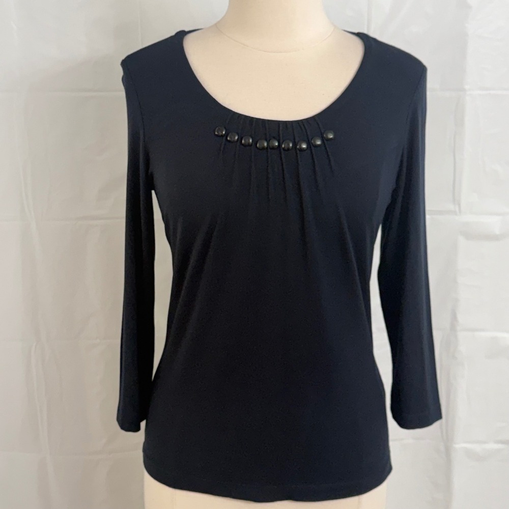 Chico's 3/4 Sleeve Scoop Neck Decorative Beaded Button Top